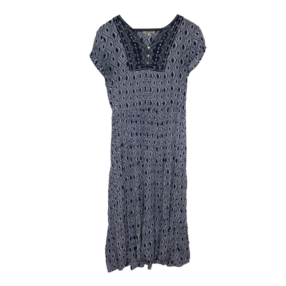 Natura Dress Womens Large Blue White Viscose Geometric Beaded Boho Midi Portugal